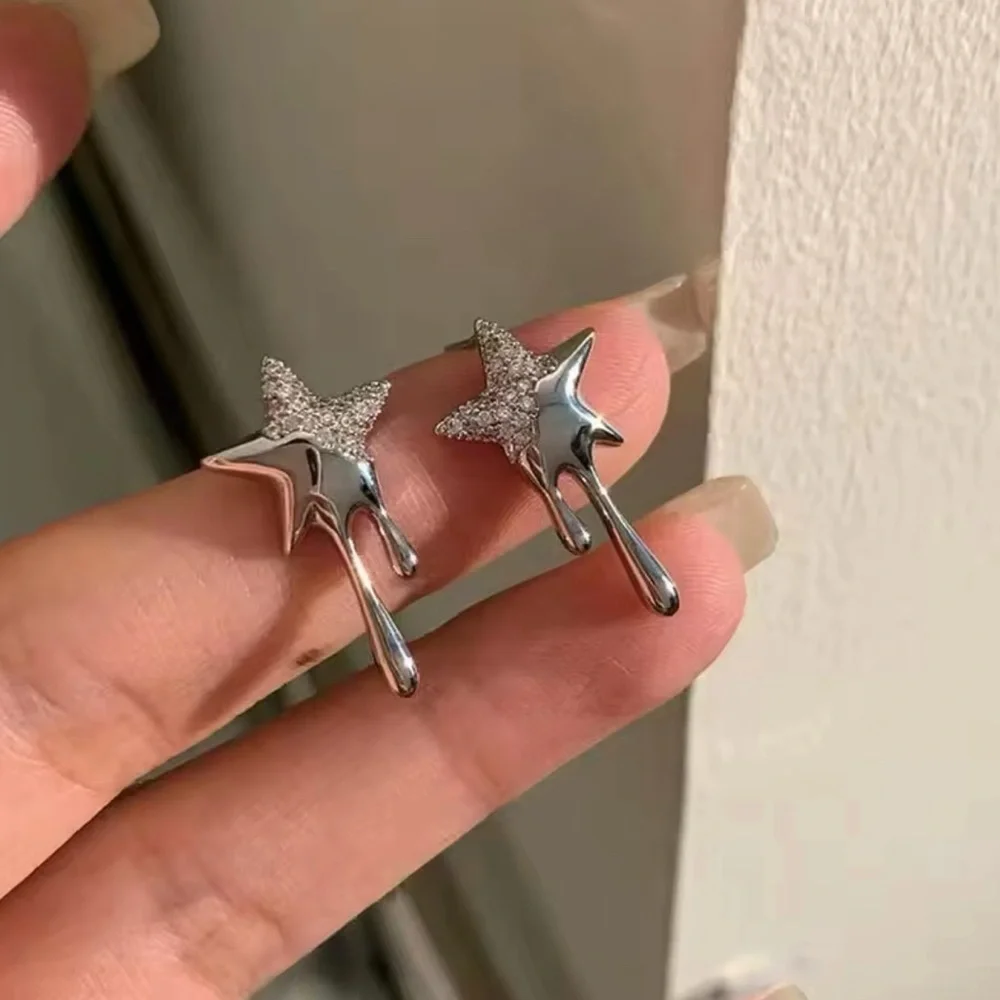 18K White Gold Plated Dripping Melting Star Liquid Metal Stud Earrings Diamonds